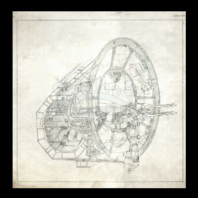 Lot # 4 - Harry Lange Auction - Hand-Drawn Exterior and Interior View of Millennium Falcon Laser Cannon with Crew