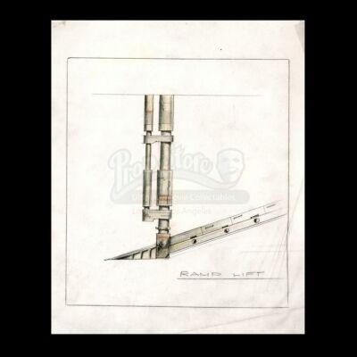 Lot # 51 - Harry Lange Auction - Hand-Drawn Coloured Side View of Millennium Falcon Ramp Lift