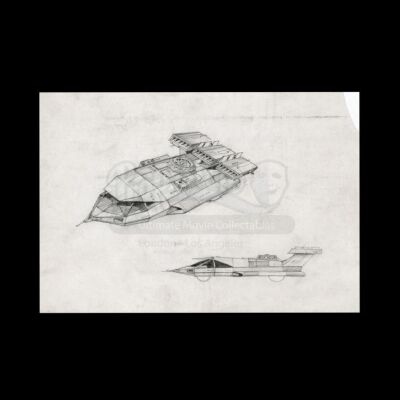 Lot # 70 - Harry Lange Auction - Hand-Drawn Perspective and Side Elevation of Land Speeder