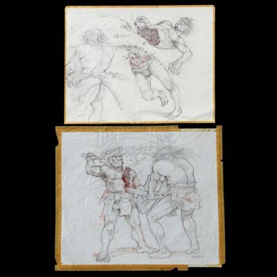 Lot #201 - CONAN THE BARBARIAN (1982) - Pair of Hand-Drawn Ron Cobb Bloody Combat Concept Sketches