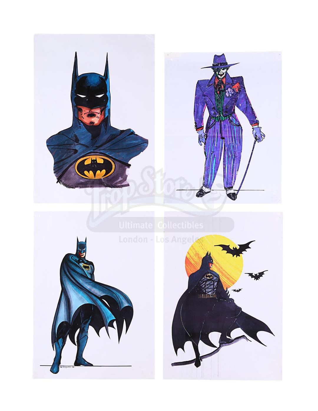 Lot #79 - BATMAN (1989) - Bob Ringwood Printed Production Costume Designs  for Batman (Michael Keaton) and the Joker (Jack Nicholson)