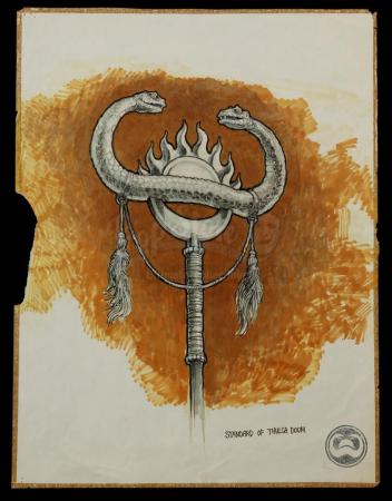 Lot #184 - CONAN THE BARBARIAN (1982) - Hand-drawn Ron Cobb Thulsa Doom Standard Concept Sketch