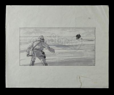 Lot #747 - STAR WARS: THE EMPIRE STRIKES BACK (1980) - Hand-drawn Joe Johnston Han Solo (Harrison Ford) and Probe Droid Storyboard