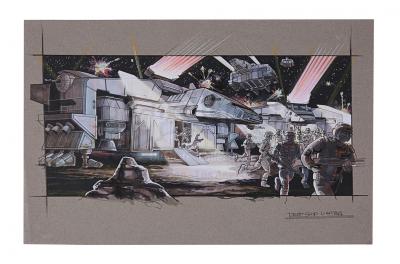 Lot #786 - STARSHIP TROOPERS (1997) - Hand-painted Dropship Landing Concept Artwork by Jim Martin
