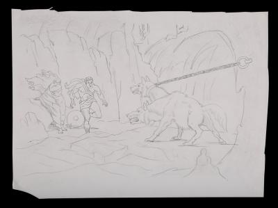 Lot #156 - JASON AND THE ARGONAUTS (1963) - Hand-drawn Ray Harryhausen "Cerberus and Jason" Concept Artwork