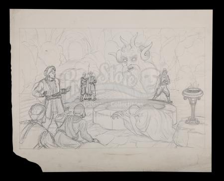 Lot #157 - THE GOLDEN VOYAGE OF SINBAD (1973) - Hand-drawn Ray Harryhausen Temple of the Oracle Concept Art