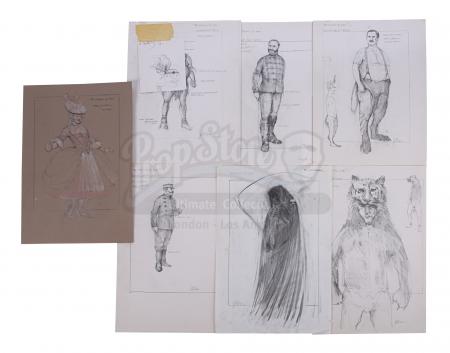 Lot #246 - MONTY PYTHON'S THE MEANING OF LIFE (1983) - Hand-drawn Terry Gilliam Zulu Warrior Sketch with Seven Hand-drawn John Acheson Costume Designs