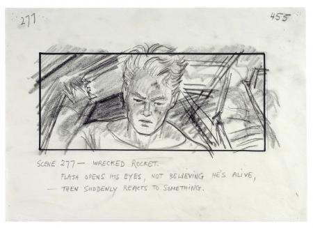 Lot #109 - FLASH GORDON (1980) - Charles Lippincott Collection: Hand-drawn Mentor Huebner "Flash in War Rocket Ajax Wreckage" Storyboard Sketch