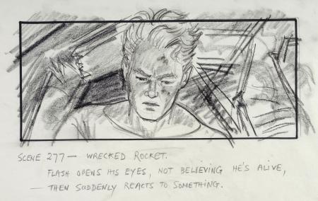 Lot #109 - FLASH GORDON (1980) - Charles Lippincott Collection: Hand-drawn Mentor Huebner "Flash in War Rocket Ajax Wreckage" Storyboard Sketch - 2