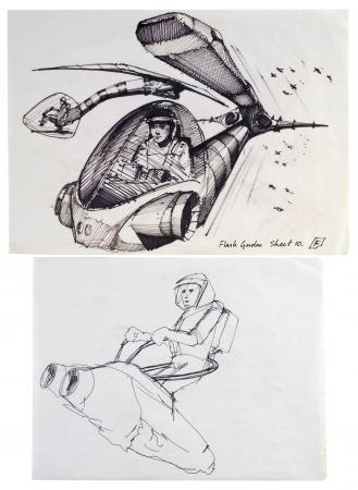 Lot #113 - FLASH GORDON (1980) - Charles Lippincott Collection: Pair of Hand-drawn Chris Foss Space Scooter Concept Sketches