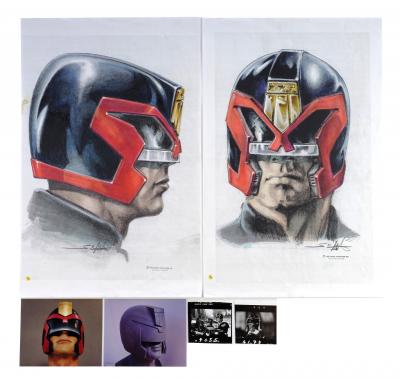 Lot #713 - JUDGE DREDD (1995) - Charles Lippincott Collection: Pair of Hand-coloured Printed Simon Murton Judge Dredd Helmet Designs with Production Photos