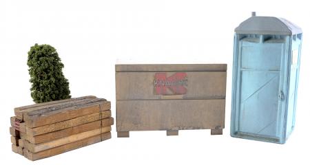 Lot #1081 - VOLCANO (1997) - Tool Box, Portable Restroom, Tree, and Wood Bundle Model Miniatures