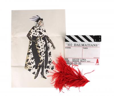 Lot #412 - 102 DALMATIANS (2000) - Cruella de Vil's (Glenn Close) Printed Coat Design and Red Feather with Clapperboard