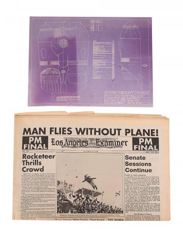 Lot #842 - ROCKETEER, THE (1991) - Howard Hughes' (Terry O'Quinn) Rocket Pack Blueprint and "Man Flies Without Plane!" Newspaper