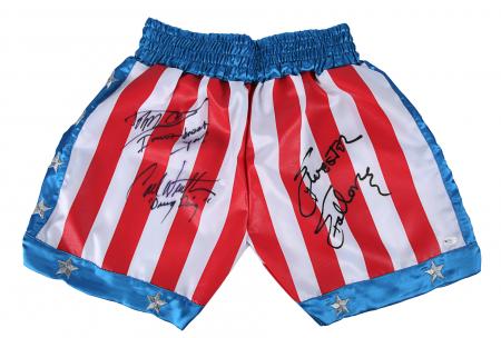 Lot #843 - ROCKY IV (1985) - Sylvester Stallone, Dolph Lundgren and Carl Weathers Autographed Promotional Trunks