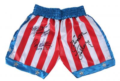 Lot #843 - ROCKY IV (1985) - Sylvester Stallone, Dolph Lundgren and Carl Weathers Autographed Promotional Trunks