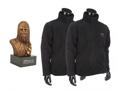 Lot #916 - STAR WARS: REVENGE OF THE SITH (2005) - Trisha Biggar Collection: Pair of Crew Jackets and Chewbacca Bust Crew Gift