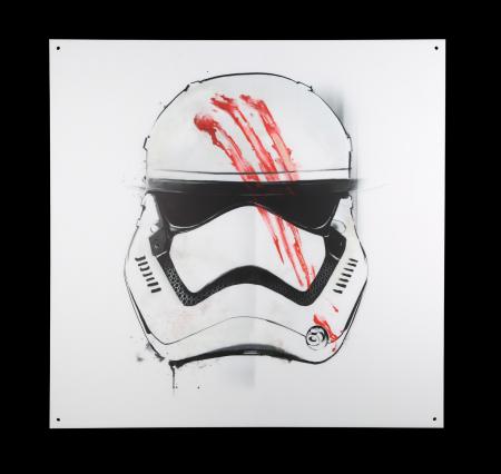 Lot #1008 - STAR WARS: THE FORCE AWAKENS (2015) - Harrods "Star Wars Gallery" Bloodied FN-2187 Stormtrooper Helmet Acrylic Screen Print