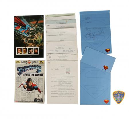 Lot #1033 - SUPERMAN II (1980) & SUPERMAN III (1983) - Call Sheets, Shooting Schedules, Production Ephemera, Promotional Items and Smallville Police Patch