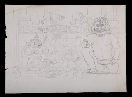 Lot #158 - THE GOLDEN VOYAGE OF SINBAD (1973) - Hand-drawn Ray Harryhausen "Sinbad (John Phillip Law) Fights Kali" Concept Sketch