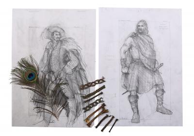 Lot #178 - HIGHLANDER (1986) - Hand-drawn James Acheson "Connor MacLeod" and "Ramirez" Costume Design Sketches with Fabric Samples