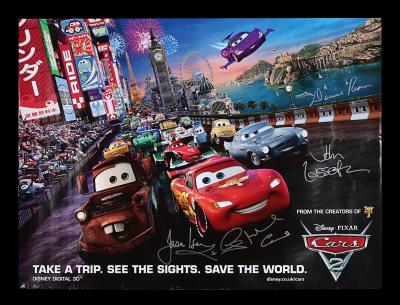 Lot #181 - CARS 2 (2011) - UK Quad Autographed by Michael Caine, Lewis Hamilton, Jason Isaacs, John Lasseter and Denise Ream, 2011