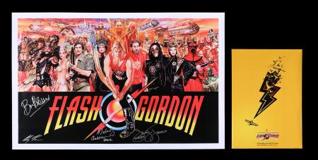 Lot #257 - FLASH GORDON (1980) - 35th Anniversary Poster Autographed by Sam J. Jones, Melody Anderson, Brian Blessed, Peter Wyngarde and Alex Ross with BAFTA Flyer, 2015