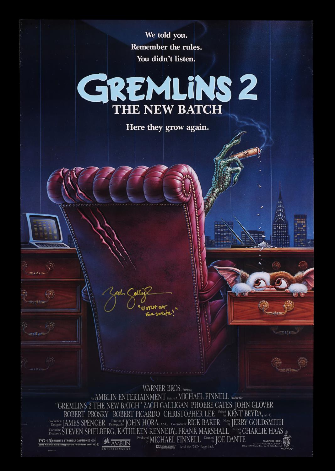 Lot 314 Gremlins 2 The New Batch 1990 Zach Galligan Autographed Movie Poster 1990 